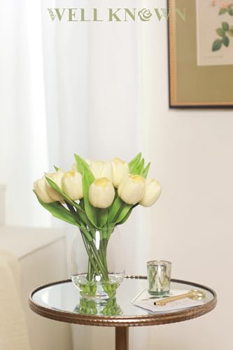 Product: WELL KNOWN 12 Pcs Tulips Artificial Flowers in Vase, Real Touch Tulips with Vase with Upgrate Acrylic Water Flower Arrangements Centerpiece for Dining Room Table Decoration（Cream）