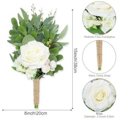 Product: Bride Bouquets & Bridesmaid Bouquets Set of 6 for Wedding Ivory White Rose Small Floral Greenery Bouquet for Wedding Bridal Shower Centerpiece Ceremony and Anniversary
