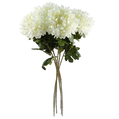 Silky Flower Store Artificial White Chrysanthemum Stem, Leaf Design Faux Silk Flower, Oversized Reflex Bloom, 75cm 11 11 Product: Leaf Design Artificial Chrysanthemum Stem Flowers