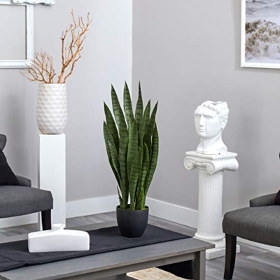 Silky Flower Store Artificial Sansevieria Plant, Nearly Natural Green 4855 Black Planter, Faux Indoor Decor 35in. 11 11 Product: Nearly Natural, Green 4855 35in. Sansevieria with Black Planter