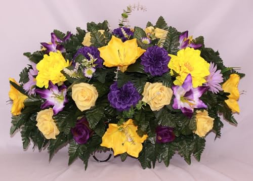 Product: Hshan Large Purple and Yellow Flower Cemetery Saddle, Beautiful Silk Artificial Flowers for Cemetery Arrangement, Memorial Flowers Outdoor Memorial Decorations ﻿ Gravesite Flower