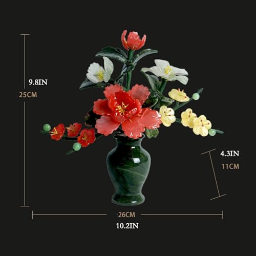 Product: Artificial Jade Bonsai Tree with Peony Flowers, Faux Potted Plant in Jade Vase, Chinese Style Home Office Décor, 26x11x25 cm