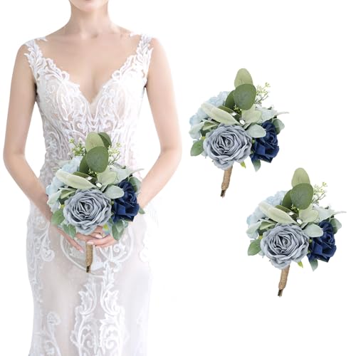 Silky Flower Store Dusty Blue Artificial Rose Wedding Bouquet Set, Bridal Bridesmaid Bouquets, Wedding Decoration, 32.5cm 5 5 Product: Bride Bouquets and Bridesmaid Bouquets Set of 2 for Wedding Dusty Blue Artificial Roses Flowers Bouquets for Bride Bridesmaids Marriage Proposal Party Anniversary Church Decoration