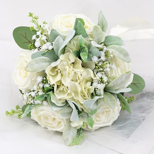 Product: Bride Bouquets & Bridesmaid Bouquets Set of 6 for Wedding Ivory White Rose Small Floral Greenery Bouquet for Wedding Bridal Shower Centerpiece Ceremony and Anniversary