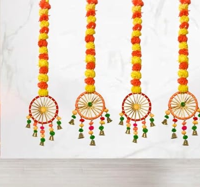 Product: MANTRAMART Artificial Marigold Flower Garlands with Pom Pom & Bell – Pack of 4 – Decorative Hanging for Home, Festival, Wedding, Pooja, Diwali & Event Decoration