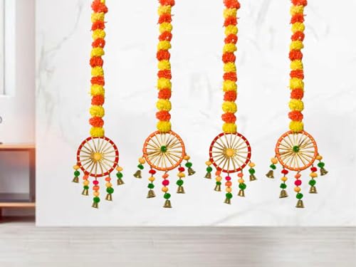 MANTRAMART Artificial Marigold Flower Garlands with Pom Pom & Bell – Pack of 4 – Decorative Hanging for Home, Festival, Wedding, Pooja, Diwali & Event Decoration - Artificial Flower Arrangements Product: MANTRAMART Artificial Marigold Flower Garlands with Pom Pom & Bell – Pack of 4 – Decorative Hanging for Home, Festival, Wedding, Pooja, Diwali & Event Decoration
