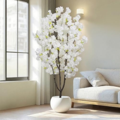 Product: White Faux Cherry Blossom Tree Artificial Tree Decor 5.9 FT Tall Cherry Blossom Tree Indoor for Home Decor Gift for Women Birthday Wedding Decoration