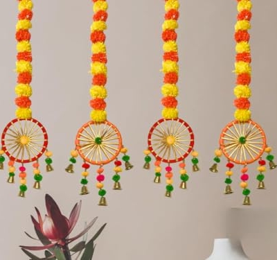 Silky Flower Store Artificial Marigold Flower Garlands with Pom Pom and Bell, Decorative Faux Floral Festive Décor, Pack of 4, 32.5cm 6 6 Product: MANTRAMART Artificial Marigold Flower Garlands with Pom Pom & Bell – Pack of 4 – Decorative Hanging for Home, Festival, Wedding, Pooja, Diwali & Event Decoration