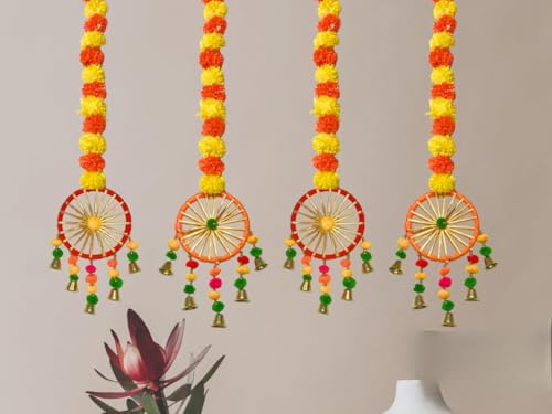 Silky Flower Store Artificial Marigold Flower Garlands with Pom Pom and Bell, Decorative Faux Floral Festive Décor, Pack of 4, 32.5cm 2 2 Product: MANTRAMART Artificial Marigold Flower Garlands with Pom Pom & Bell – Pack of 4 – Decorative Hanging for Home, Festival, Wedding, Pooja, Diwali & Event Decoration