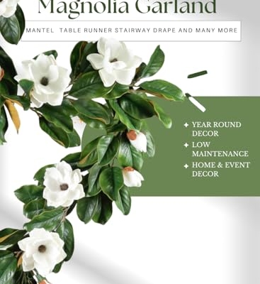 Product: Serene Spaces Living Artificial Magnolia Leaf Garland and Wreath, Ideal to Hang at Wedding, Store Display, Window Sill, Fall Decor, Holiday Décor (72" Magnolia Garland with White Blooms - 2pcs)