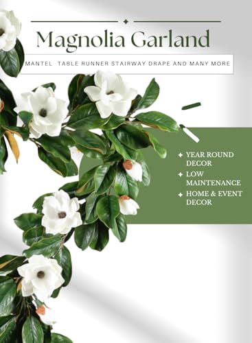 Product: Serene Spaces Living Artificial Magnolia Leaf Garland and Wreath, Ideal to Hang at Wedding, Store Display, Window Sill, Fall Decor, Holiday Décor (72" Magnolia Garland with White Blooms - 2pcs)