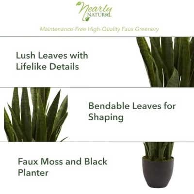 Silky Flower Store Artificial Sansevieria Plant, Nearly Natural Green 4855 Black Planter, Faux Indoor Decor 35in. 12 12 Product: Nearly Natural, Green 4855 35in. Sansevieria with Black Planter