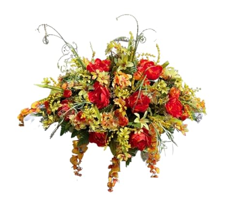 Product: Jucgghk Vivid and Realistic Floral Art 36" Large Fall Greens-Oranges Artificial Flowers,Fall Cemetery Arrangements for Grave Tombstone Decorations