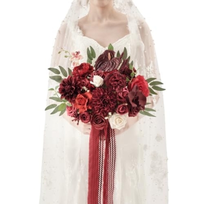 Product: TINGE TIME 11 Inch Wedding Bouquets for Bride, Burgundy Artificial Flowers Bouquet, Brides & Bridesmaids Bouquet Tossing Bouquet for Wedding Anniversary Ceremony Bridal Shower Decorations