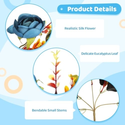 Product: Funabridge 12 Artificial Rose Bouquets, Blue Silk Camellia Tea Roses For Home And Wedding Décor, Table Centerpieces, Realistic And Elegant