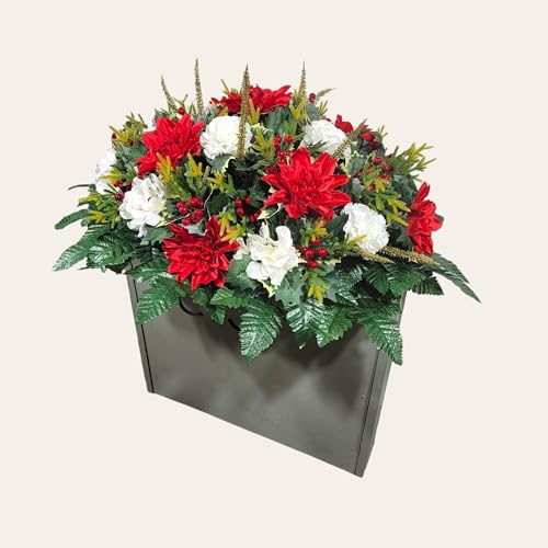 Product: Red and White Dahlia Headstone Saddle, Hydrangea and Carnations Grave Flowers for Decorations Cemetery Garland for Table Centerpiece Holiday Party Weddi