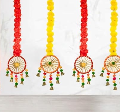 Product: MANTRAMART Artificial Marigold Flower Garlands with Pom Pom & Bell – Pack of 4 – Hanging Decoration for Home, Diwali, Festival, Wedding, Housewarming & Pooja Decor