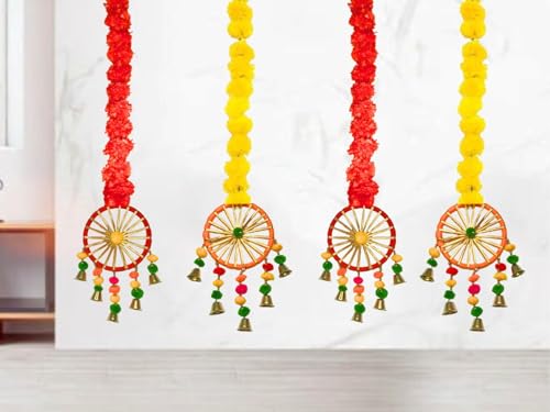 MANTRAMART Artificial Marigold Flower Garlands with Pom Pom & Bell – Pack of 4 – Hanging Decoration for Home, Diwali, Festival, Wedding, Housewarming & Pooja Decor - Artificial Flower Arrangements Product: MANTRAMART Artificial Marigold Flower Garlands with Pom Pom & Bell – Pack of 4 – Hanging Decoration for Home, Diwali, Festival, Wedding, Housewarming & Pooja Decor