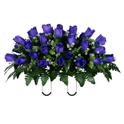 Product: Jucgghk Vivid and Realistic Floral Art Purple Rose Bud Cemetery Saddle and Flower Arrangement Set, 1 Saddle and 2 Bouquets for Grave Tombstone Decorations(NO VASE)