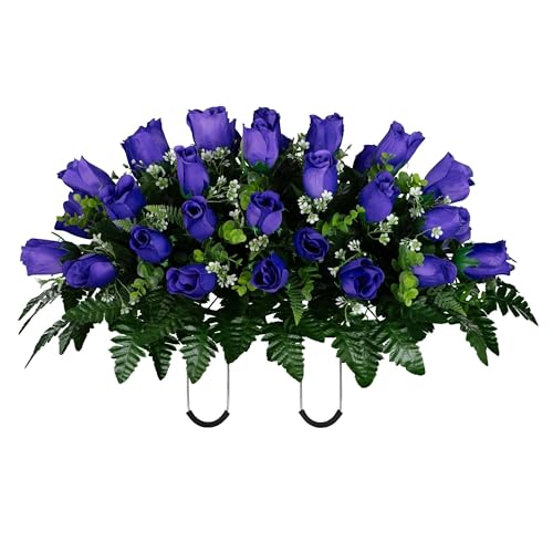 Product: Jucgghk Vivid and Realistic Floral Art Purple Rose Bud Cemetery Saddle and Flower Arrangement Set, 1 Saddle and 2 Bouquets for Grave Tombstone Decorations(NO VASE)