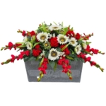 Product: Cream Sunflower Red Geranium Gladiolus Large Cemetery Saddle Memorial Decoration - Realistic Silk Faux Floral Artificial Grave Flowers for Headstone Decorating