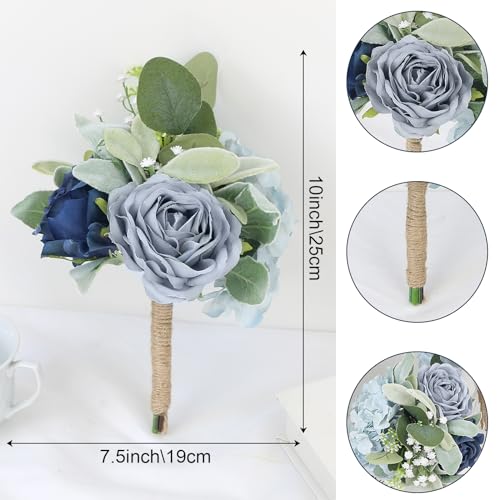Product: Bride Bouquets and Bridesmaid Bouquets Set of 6 for Wedding Dusty Blue Artificial Roses Flowers Bouquets for Bride Bridesmaids Marriage Proposal Party Anniversary Church Decoration