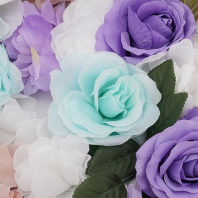 Product: JLYNOWPT 12 Pcs Artificial Flower Wall Panel, 15.7"x 23.6" Flower Wall Panel Backdrop with Grid Clip Connection Purple, Light Blue, White, Pink, Green 3D Silk Rose, Dahlia Floral Panel for Wedding