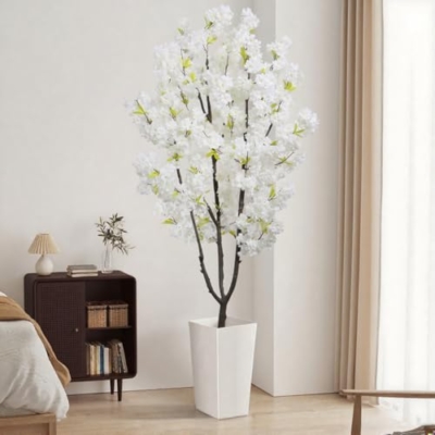 Product: White Faux Cherry Blossom Tree Artificial Tree Decor 5.9 FT Tall Cherry Blossom Tree Indoor for Home Decor Gift for Women Birthday Wedding Decoration