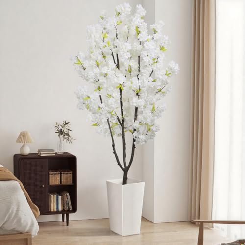 Product: White Faux Cherry Blossom Tree Artificial Tree Decor 5.9 FT Tall Cherry Blossom Tree Indoor for Home Decor Gift for Women Birthday Wedding Decoration