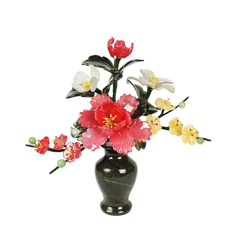 Product: Artificial Jade Bonsai Tree with Peony Flowers, Faux Potted Plant in Jade Vase, Chinese Style Home Office Décor, 26x11x25 cm