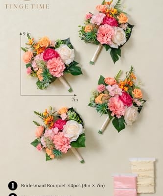 Product: TINGE TIME 7 Inch Artificial Flowers Wedding Bouquets for Bridesmaid, Set of 4, Tropical Bride Tossing Bouquet for Summer Wedding Ceremony Bridal Shower Rehearsal Dinner Vintage Party