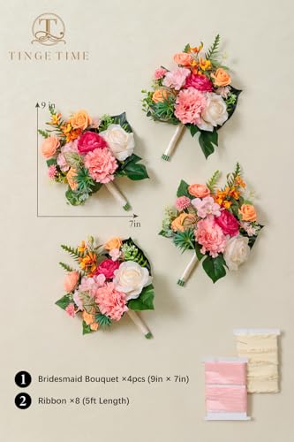 Product: TINGE TIME 7 Inch Artificial Flowers Wedding Bouquets for Bridesmaid, Set of 4, Tropical Bride Tossing Bouquet for Summer Wedding Ceremony Bridal Shower Rehearsal Dinner Vintage Party