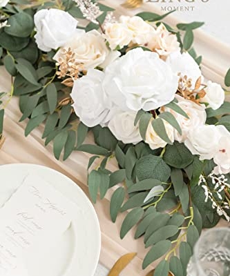 Product: Ling's Moment Flower Garland - 6FT Eucalyptus & Rose - Sweetheart Table Decor for Wedding Reception, Artificial Silk Floral Garland for Mantle, Spring, Garden Christmas Decoration, White Beige