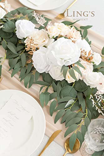 Product: Ling's Moment Flower Garland - 6FT Eucalyptus & Rose - Sweetheart Table Decor for Wedding Reception, Artificial Silk Floral Garland for Mantle, Spring, Garden Christmas Decoration, White Beige