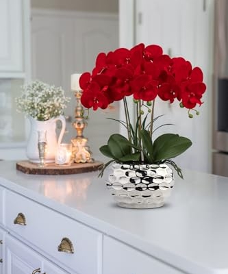 Product: Briful Red Orchid Artificial Flowers 18" Large Silk Orchid with Silver Ceramic Pots Fake Orchid Arrangement for Home Office Bathroom Living Room Table Decoration