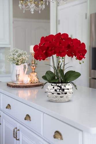 Product: Briful Red Orchid Artificial Flowers 18" Large Silk Orchid with Silver Ceramic Pots Fake Orchid Arrangement for Home Office Bathroom Living Room Table Decoration