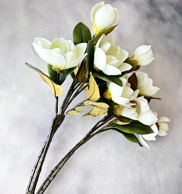 Silky Flower Store White Real Touch Magnolia Stem, 3 Heads Artificial Flower Wedding Home Decor, 30in 7 7 Product: 3PCS White Real Touch 3 Heads Magnolia Stem,30" Realistic Artificial Flower for Wedding Table DIY Floral Arrangement Party Home Decor(NO VASE) for Wedding/Home Decoration