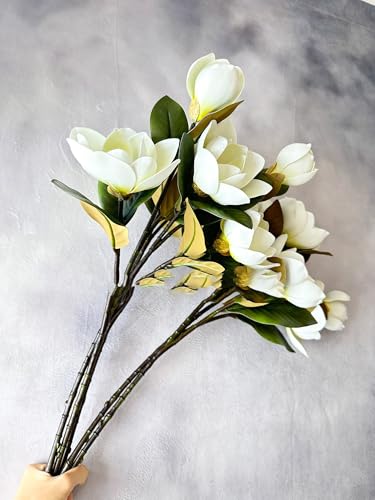 Silky Flower Store White Real Touch Magnolia Stem, 3 Heads Artificial Flower Wedding Home Decor, 30in 1 1 Product: 3PCS White Real Touch 3 Heads Magnolia Stem,30" Realistic Artificial Flower for Wedding Table DIY Floral Arrangement Party Home Decor(NO VASE) for Wedding/Home Decoration