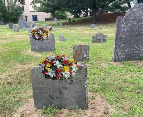 Product: Jucgghk Vivid and Realistic Floral Art Artificial Cemetery Flowers Saddle,White, Yellow and Red Single Headstone Cemetery Saddle for Outdoor Grave Decorations