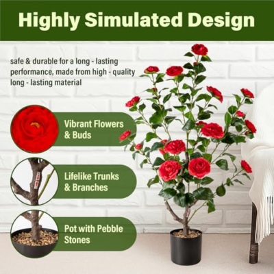 Silky Flower Store Artificial Camellia Fake Tree, 2PCS Indoor Outdoor Decorative Silk Floral Tree, 3.8FT 10 10 Product: Artificial Camellia Fake Tree 3.8FT, 2PCS Artificial Plants and Flowers for Front Door Decoration, Porch Patio Living Room Office and Indoor Outdoor Decoration