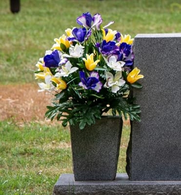 Product: Sympathy Silks Artificial Cemetery Flowers – Realistic Vibrant Tulips, Outdoor Grave Decorations - 1 Yellow Tulips Purple Iris Bouquet
