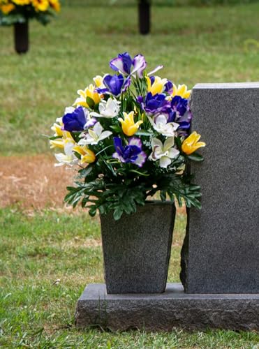 Product: Sympathy Silks Artificial Cemetery Flowers – Realistic Vibrant Tulips, Outdoor Grave Decorations - 1 Yellow Tulips Purple Iris Bouquet