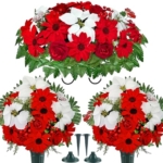 Product: Naramiji 3 Piece Artificial Cemetery Flowers -Headstone Flower Saddle- Gravesite Flowers Bouquet - Christmas Decorations-Poinsettia Dahlia Rose