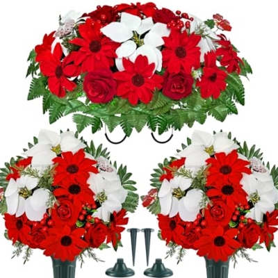 Product: Naramiji 3 Piece Artificial Cemetery Flowers -Headstone Flower Saddle- Gravesite Flowers Bouquet - Christmas Decorations-Poinsettia Dahlia Rose