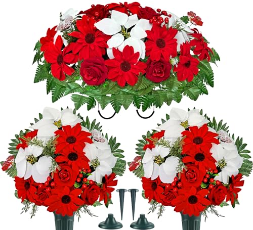 Product: Naramiji 3 Piece Artificial Cemetery Flowers -Headstone Flower Saddle- Gravesite Flowers Bouquet - Christmas Decorations-Poinsettia Dahlia Rose
