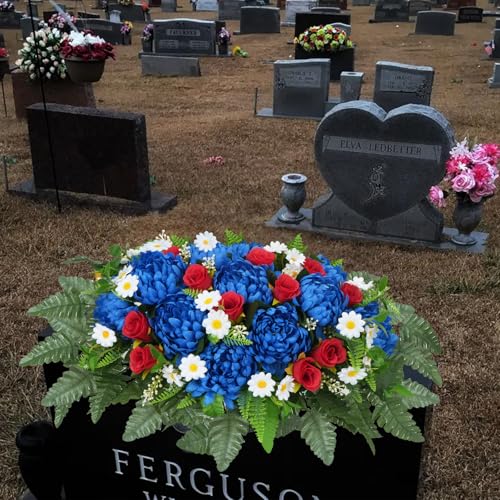 Product: MHMJON Artificial Cemetery Flowers Saddles Outdoor Grave Decoration, Realistic Vibrant Fake Mums with Silk Red Rose Floral Arrangement Saddle for Headstone Grave Tombstone Autumn Christmas Decor