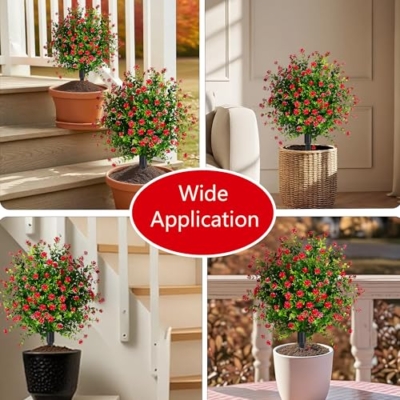 Product: Set of 2 Fall Boxwood Topiary Ball Trees Artificial Outdoor with Ground Spike, 22.3"UV Resistant Faux Shrubs with Mum Flowers, Fake Outdoor Bushes Plants for Garden Yard Porch Patio decor Red