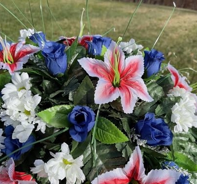 Product: Jucgghk Vivid and Realistic Floral Art Dark Blue Artificial Headstone Cemetery Saddle, 22-24” Cemetery Flower Arrangement,Headstone Flower for Outdoor Grave Decorations