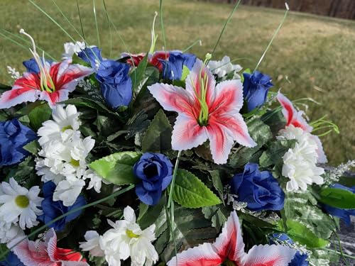 Product: Jucgghk Vivid and Realistic Floral Art Dark Blue Artificial Headstone Cemetery Saddle, 22-24” Cemetery Flower Arrangement,Headstone Flower for Outdoor Grave Decorations