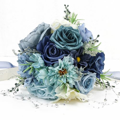 Silky Flower Store Dusty Blue Artificial Rose Wedding Bouquet Set, Bridal Bridesmaid Bouquets, Wedding Decoration, 32.5cm 1 1 Product: Bride Bouquets and Bridesmaid Bouquets Set of 2 for Wedding Dusty Blue Artificial Roses Flowers Bouquets for Bride Bridesmaids Marriage Proposal Party Anniversary Church Decoration